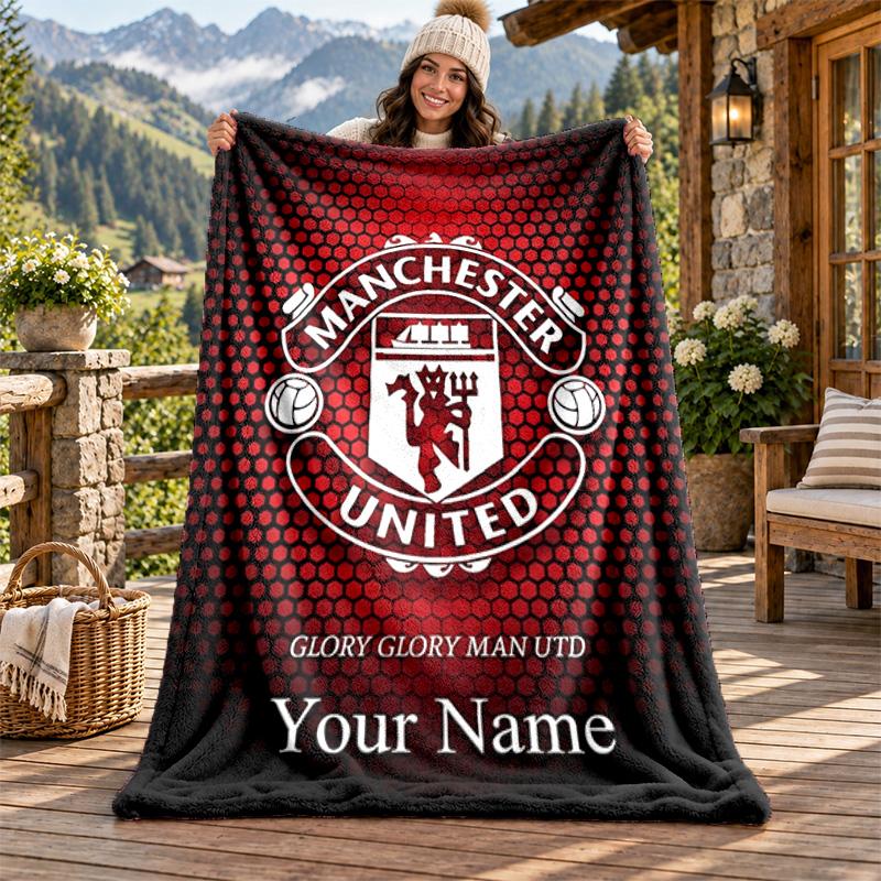 FC Manchester Custom Name Flannel Blanket Personalized Soft Warm Plush Throw Blanket Customized Gift for Family Friends