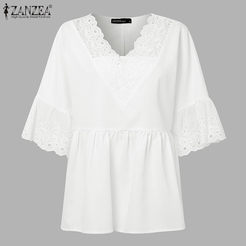 ZANZEA Women Lace Crochet V-Neck Loose Casual 3/4 Sleeve Blouse