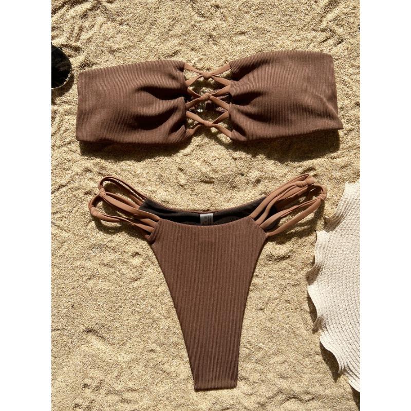 Women Solid Color Backless Strapless Sexy Two Piece Bikini Swimsuit