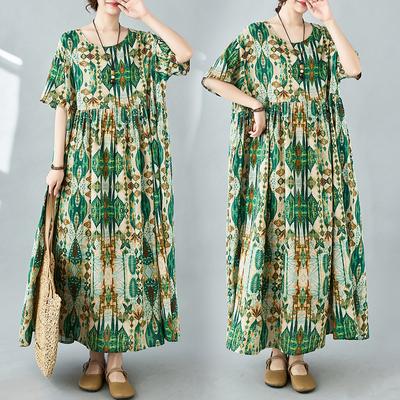 Φόρεμα Μεγάλο Μέγεθος Γυναικείο Νέο Καλοκαιρινό Στυλ Πράσινα Φορέματα Λαιμόκοψη Ο Μοτίβο Φλοράλ Άνετα Φορέματα