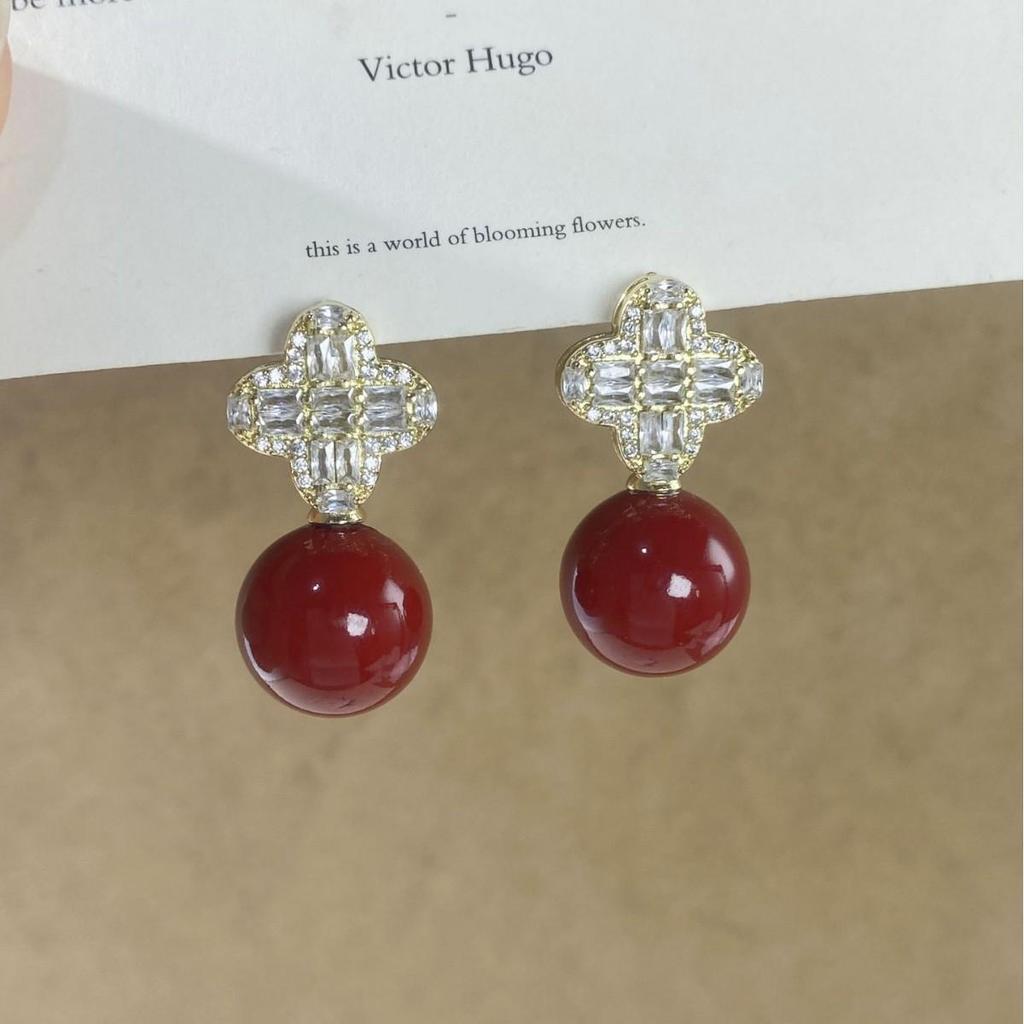 Wine Red Pearl & Zircon Flower Stud Earrings - Elegant, High-End Ear Accessories