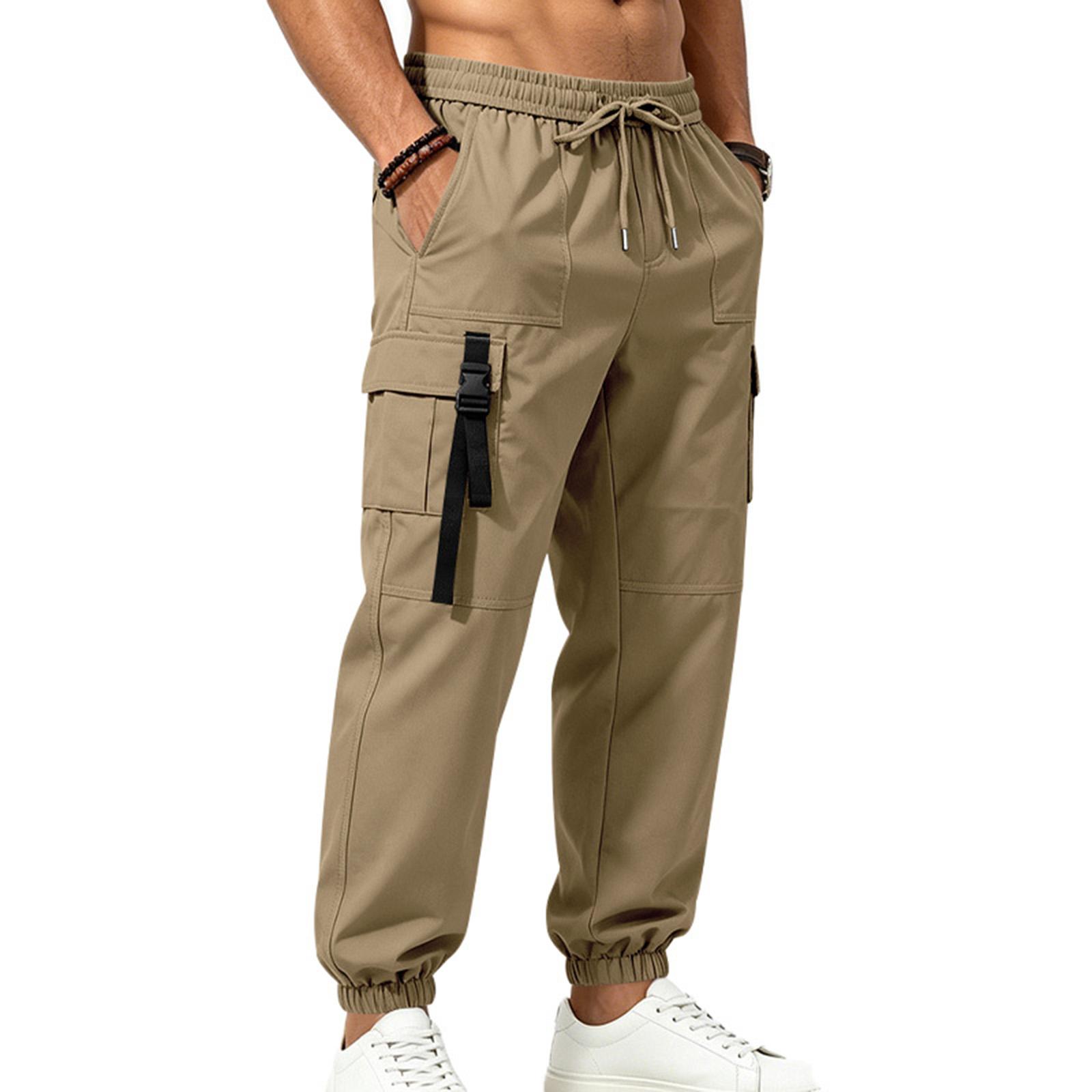 Men s Outdoor Commuter High Street Multi Pocket Cargo Pants Elastic Waist Drawstring Jogger Trousers Casual Workwear XXXL хаки