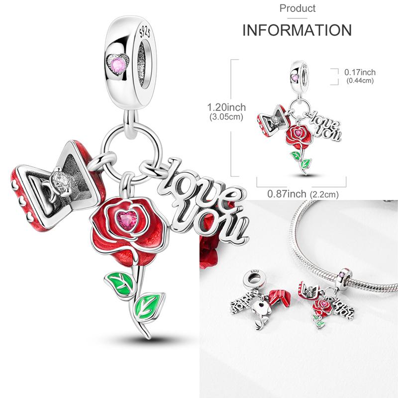 Copper Romantic Couple Rose Ring Proposal Valentine'S Day Charms Beads Fit Necklace Bracelets Diy Jewelry Gifts