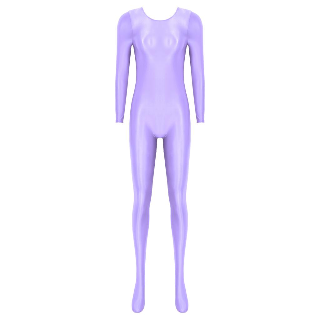 Womens Smooth Long Sleeve Bodystocking Nightwear Solid Color Round Neck Bodysuit Sleepwear