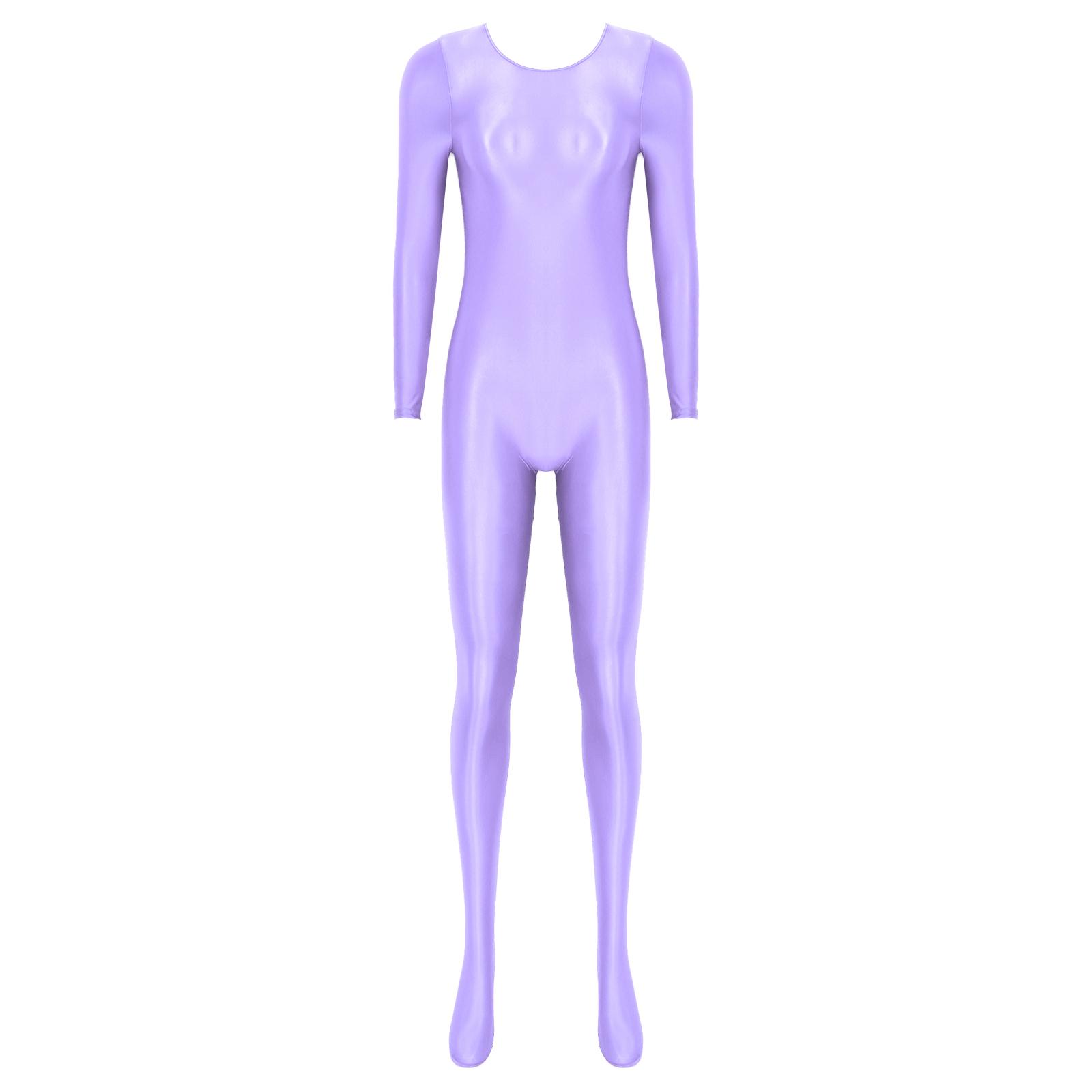 

Womens Solid Color Round Neck Bodystocking Long Sleeve Smooth Bodysuit Nightwear Sleepwear XL світло-фіолетового кольору
