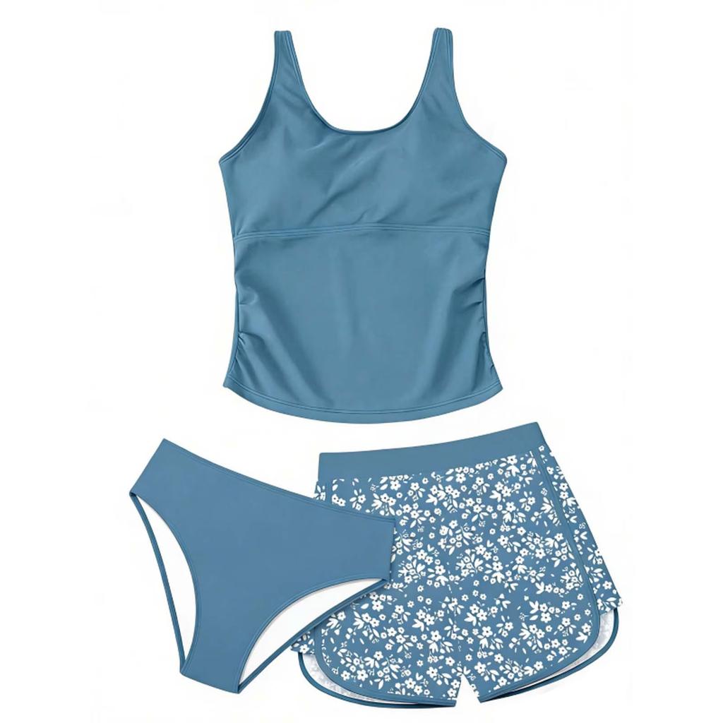 Girls Two Piece Swimsuit Tankini Top and Floral Print Swim Shorts Set Lightweight Quick Dry Fabric Comfortable Fit
