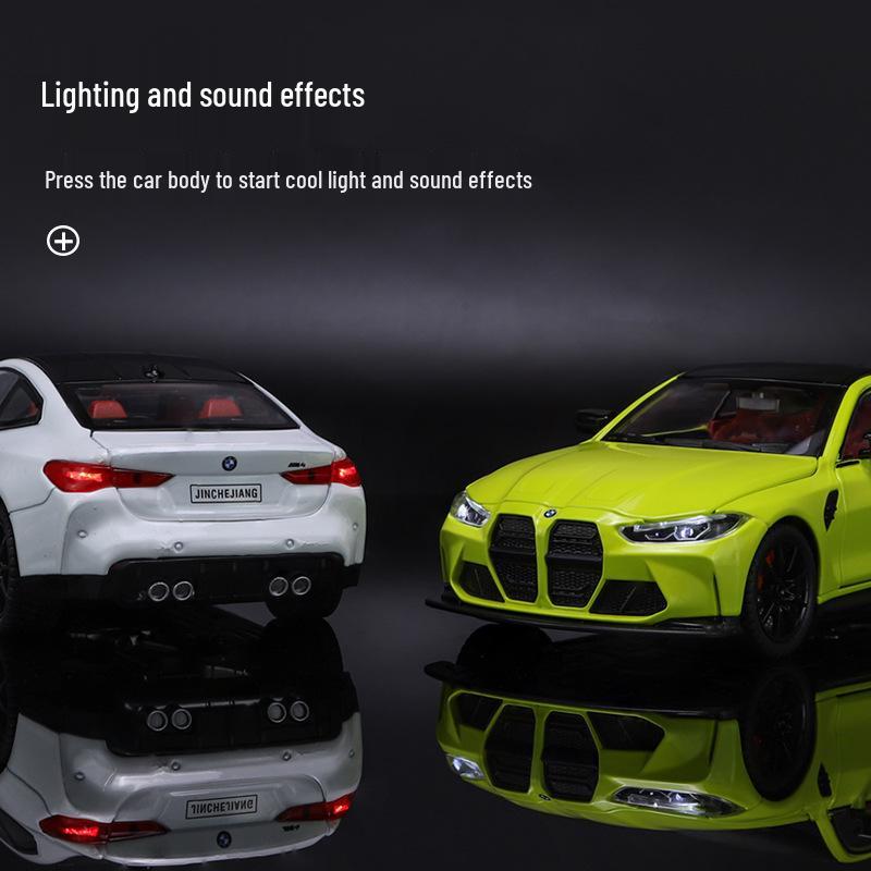 1:24 BMW M4 Diecast Car Model with Shock Absorption, Pull-Back, Steering, Sound, and Light Features.