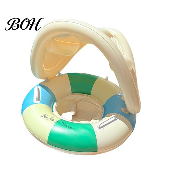 Lightweight Swim Float Baby Pool with Canopy, Vintage Striped Inflatable Ring Safety Seat & Handle, Sun Protection Swimming for Toddler Kids