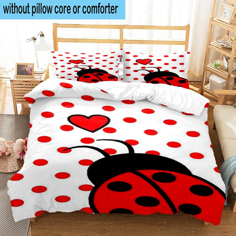 Ladybug Love Heart Pattern 3pcs Bedding,Including 1pc Duvet Cover And 2pcs Pillowcases Perfect for Christmas,Ideal for Bedroom, Dormitory