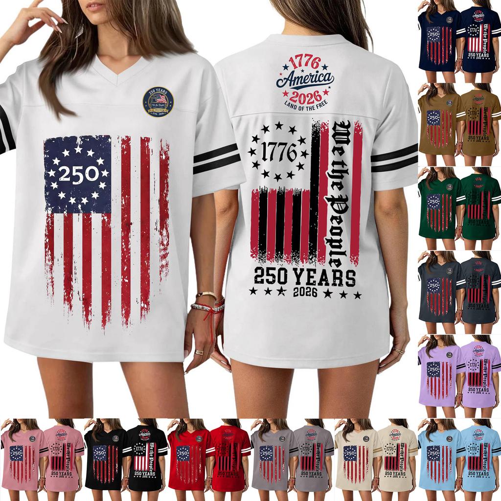 Women's Casual Fashion V-Neck Sports Independence Day Print Short Sleeve Sports T-Shirt Top