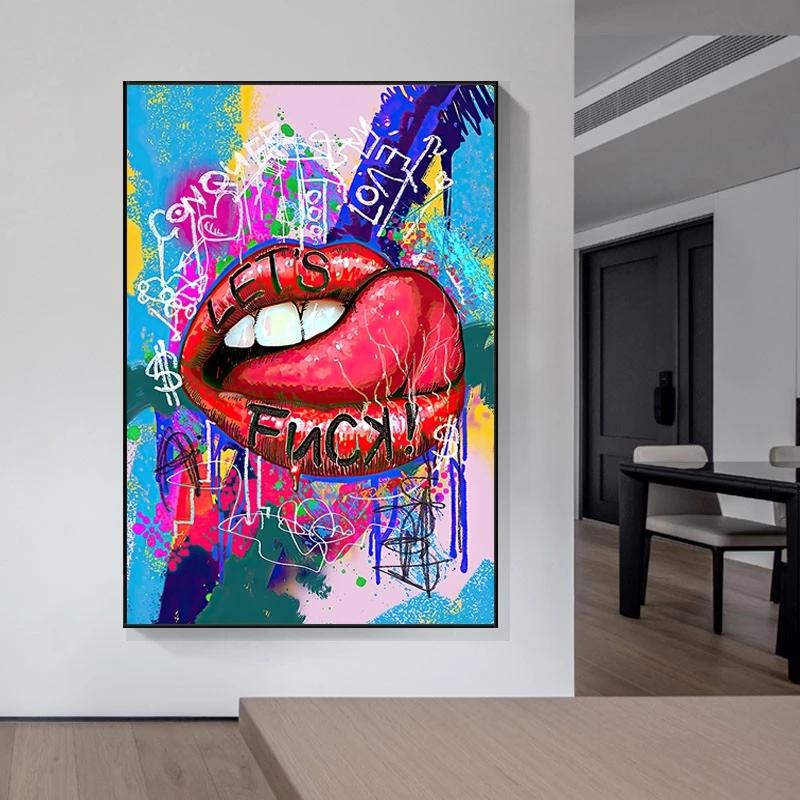 Pintura en lienzo de labios sexys de chica, grafiti callejero pop, carteles e impresiones de arte de pared, imagen de pared moderna para decoración del hogar del dormitorio