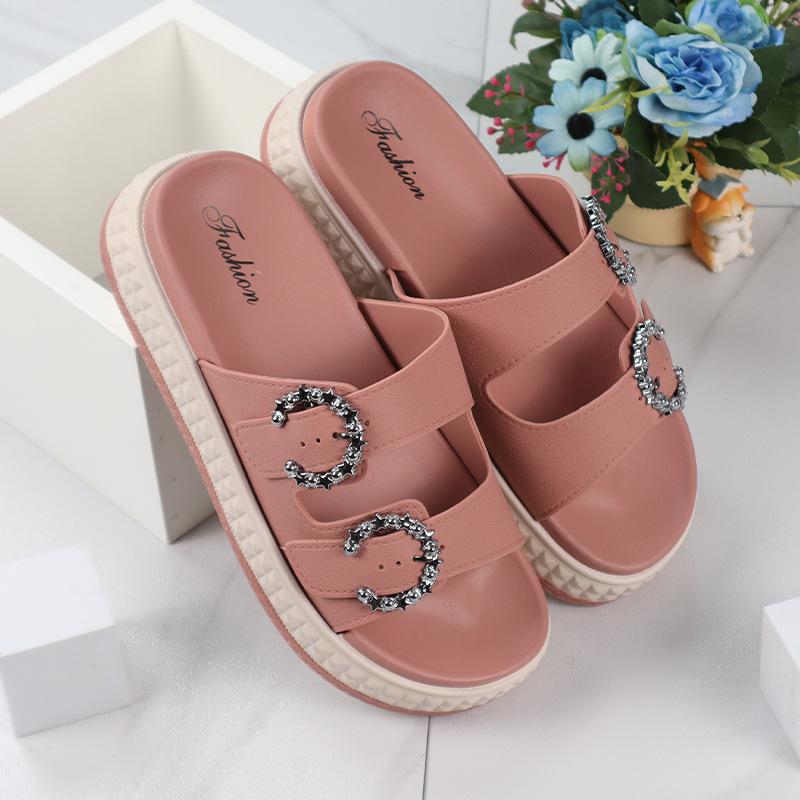 Women's Slippers Summer New Thick Bottom Round Head Hollow Rhinestone Sandals Casual Comfort Increase Wear Slippers