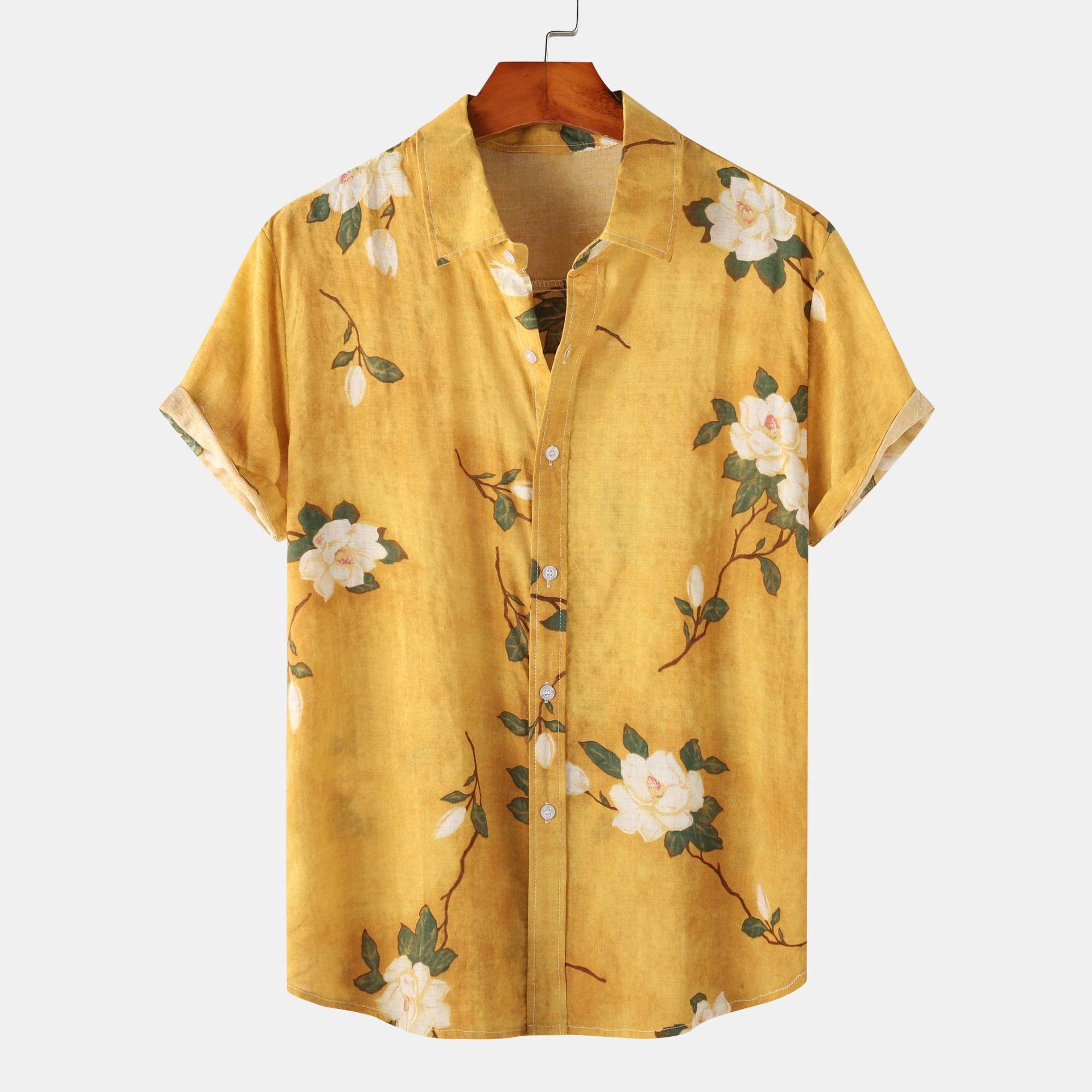

Summer Man Short-sleeved Shirt Man Printed Hawaiian Beach Shirt Man Shirt S жовтий