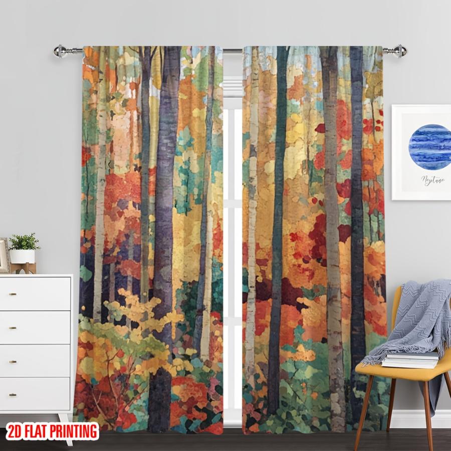 2PCS Digital Print Curtains, Abstract Autumn Forest, Modern Art
