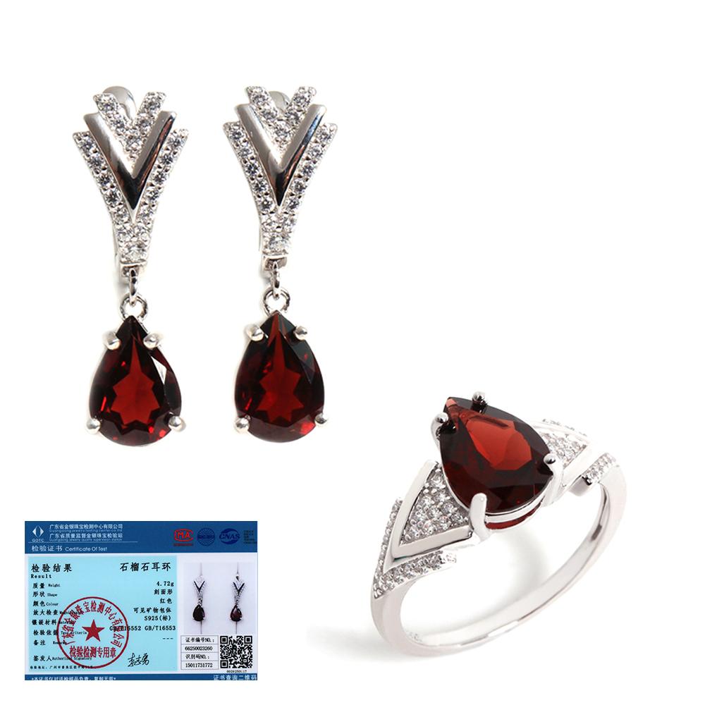 Aşk ve umut doğal Mozambik garnet V şeklinde tasarım gümüş Yüzük Küpe seti kadınlar için hafif lüks takı