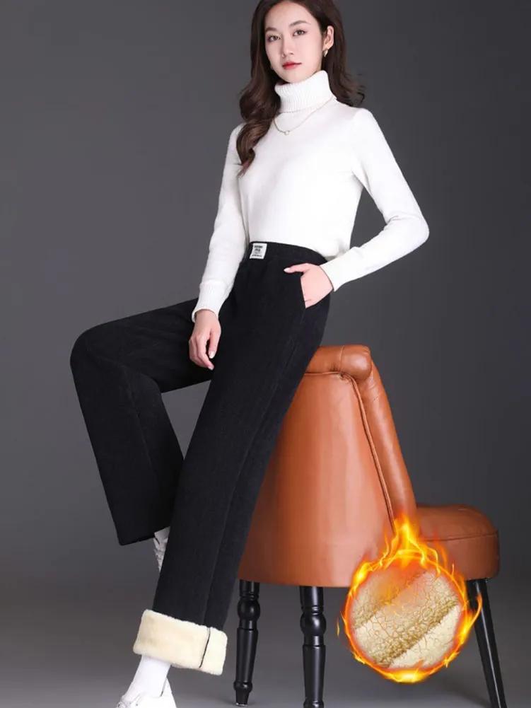 Zimní fleece podšité široké kalhoty pro volný čas Silné teplé pytlovité tepláky Dámské Korejské Lamb Fluff Rovné kalhoty s vysokým pasem