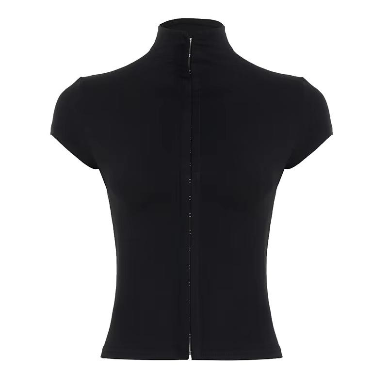 Europäische und amerikanische Damen Frühjahrs- und Sommerbekleidung neue Mode Street Spice Stehkragen Knopfleiste Design Hohl enges T-Shirt Top