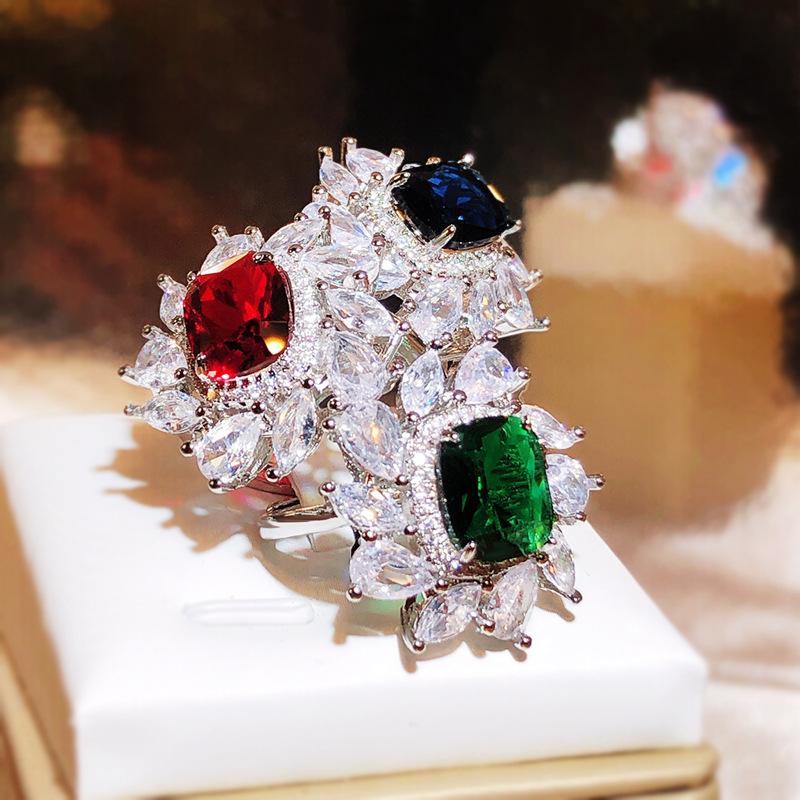 New Exquisite Ring for Women's Fashion Color Zircon Jewelry Pink Blue Green Shiny Zircon Ring Wedding Bridal Jewelry