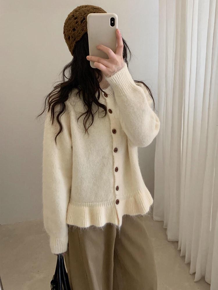 Korean Style Lace-Trim Knit Cardigan for Women - Soft, Fluffy, and Loose Fit for Spring and Autumn