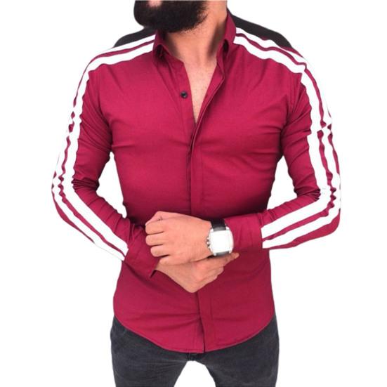 Long Sleeve Turn-down Collar Men Shirt Button Cuffs Side Striped Slim Office Shirt Leisure Clothing