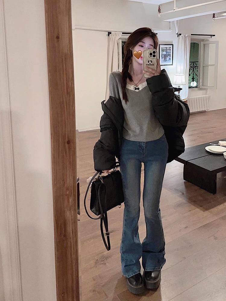 Gray Lace-Stitched Long Sleeve Top: 2024 Spring/Autumn Niche Women's Shirt