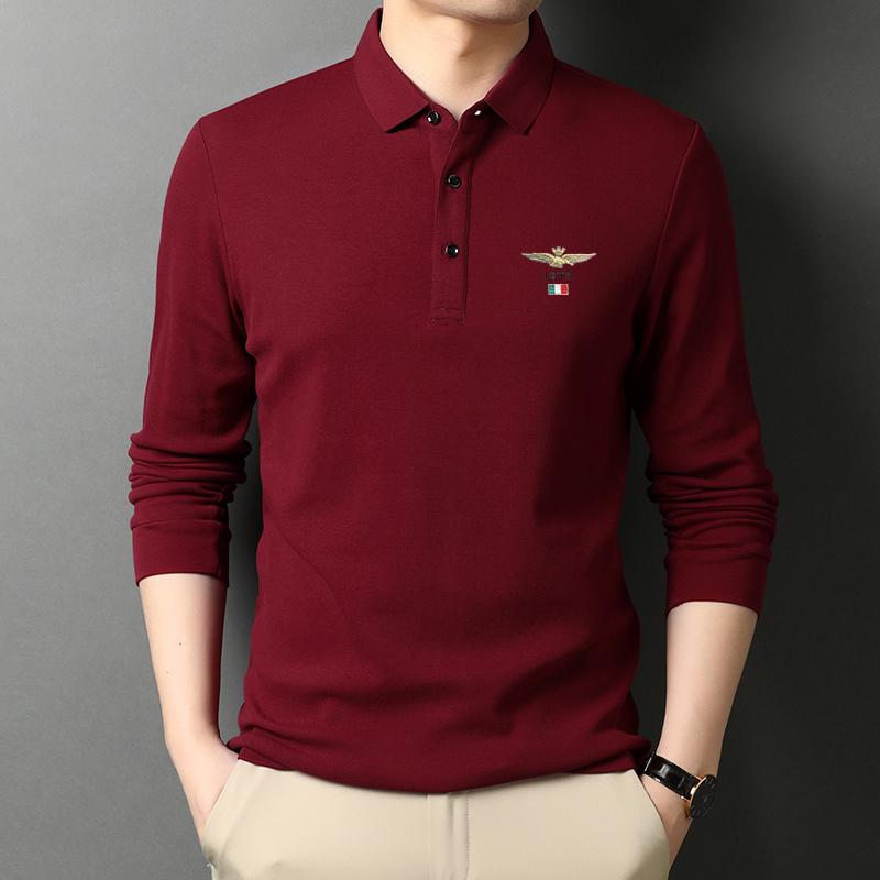 Woodpecker Men's Burgundy Lapel Long Sleeve Polo Shirt - Autumn/Spring Thin Style for Middle-aged Dads