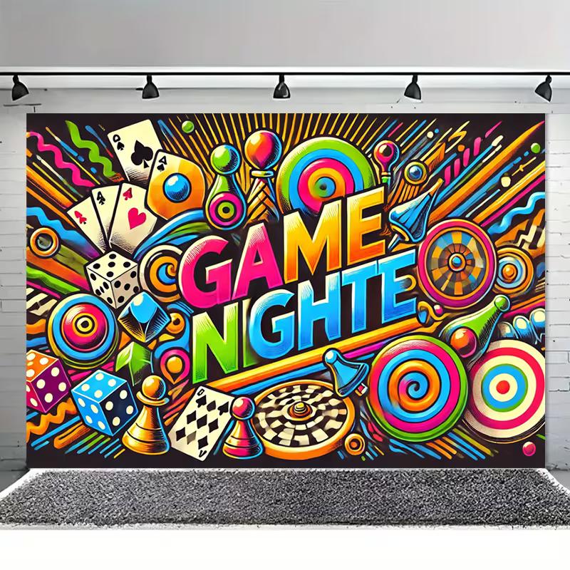 2D Game Night Graffiti Banner, Bright Party Decor with Game Icons