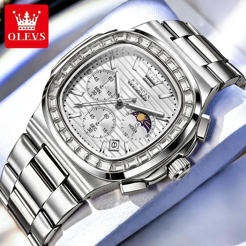 Men Square Diamond Bezel Quartz Watch Moon Phase Date Chronograph Luminous Waterproof Wrist Watch