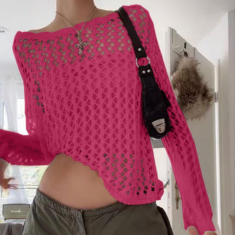 Women's 2026 New American Style Loose Knit Cardigan - Hollow Big Round Neck, Solid Color, See-through Mesh, Long Sleeve.
