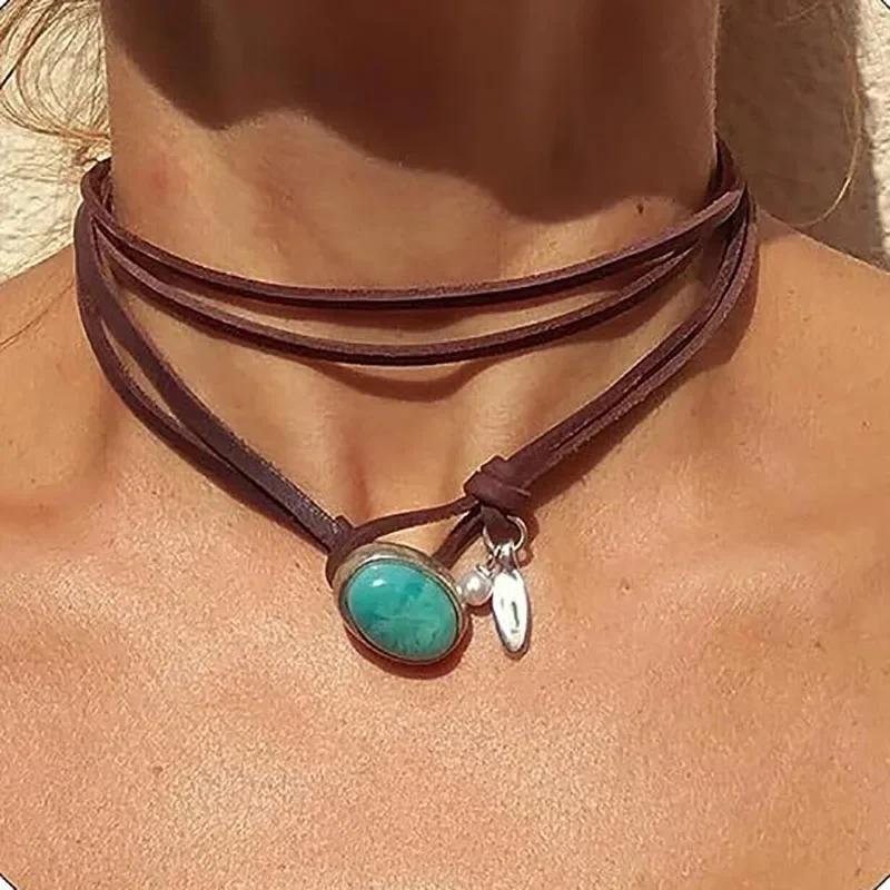

Новое богемное ожерелье с подвеской из бирюзы на кожаном шнурке для женщин и девушек, винтажные простые украшения, подарки, ожерелья, аксессуары