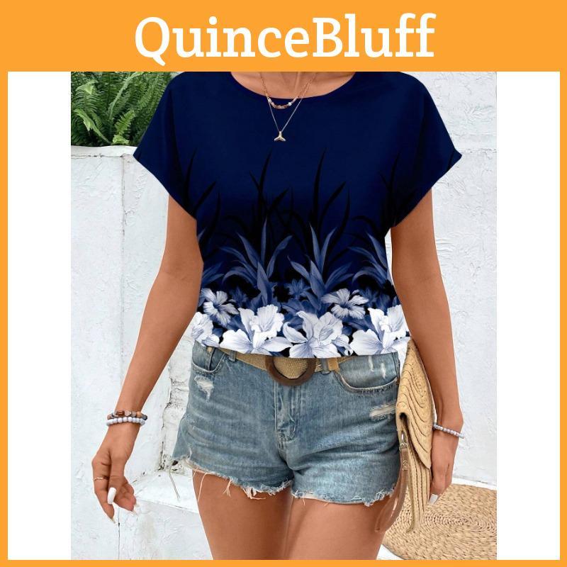 3d Print Summer Neck Round Flower Pattern Top Fashionable Casual Short Sleeved Womens Tshirts