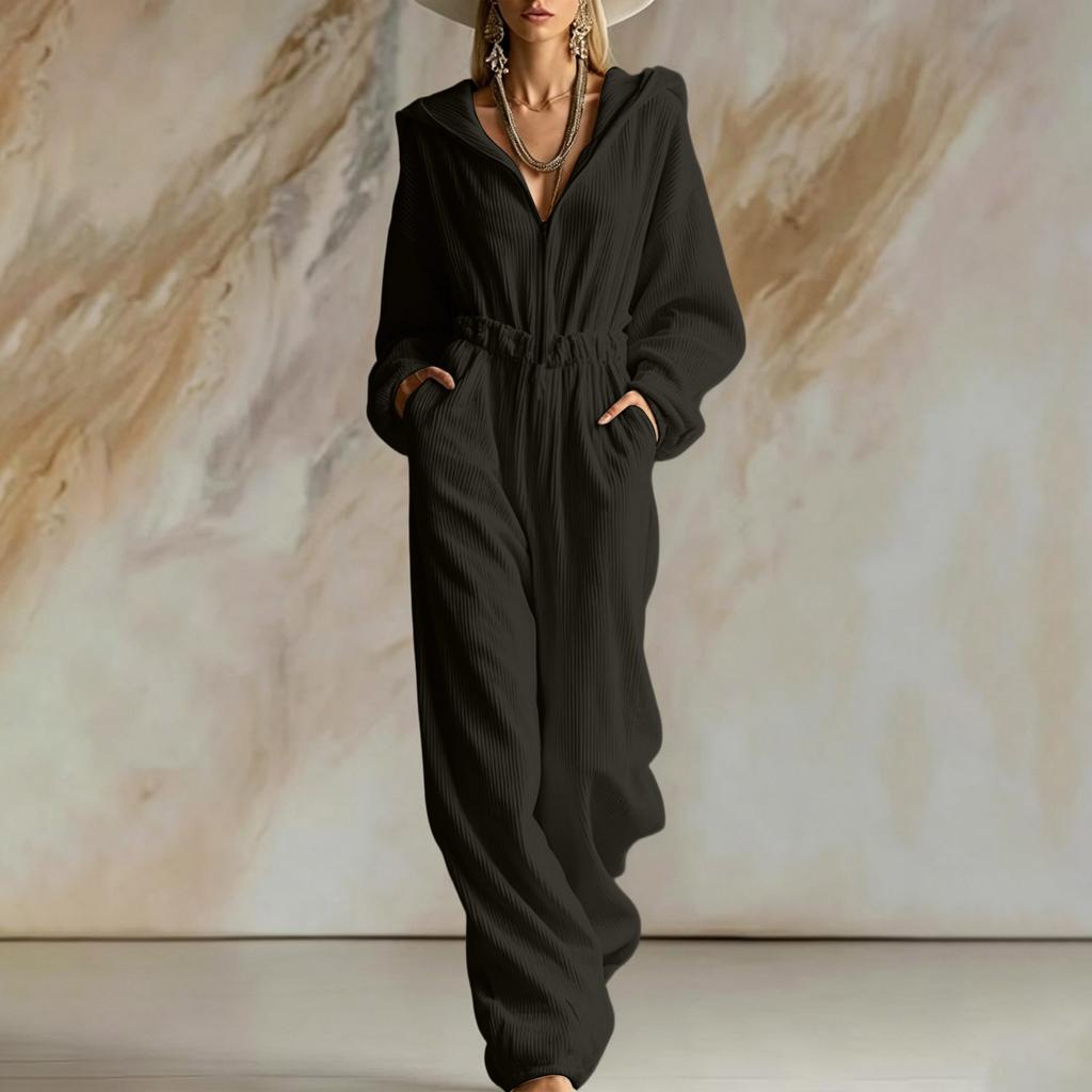 Women's Casual Corduroy Hooded Zip-Up Jumpsuit with Long Sleeves and Loose Fit for Fall and Winter