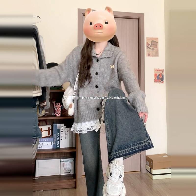 2025 Korean Style Grey Knit Turn-Down Collar Cardigan for Women