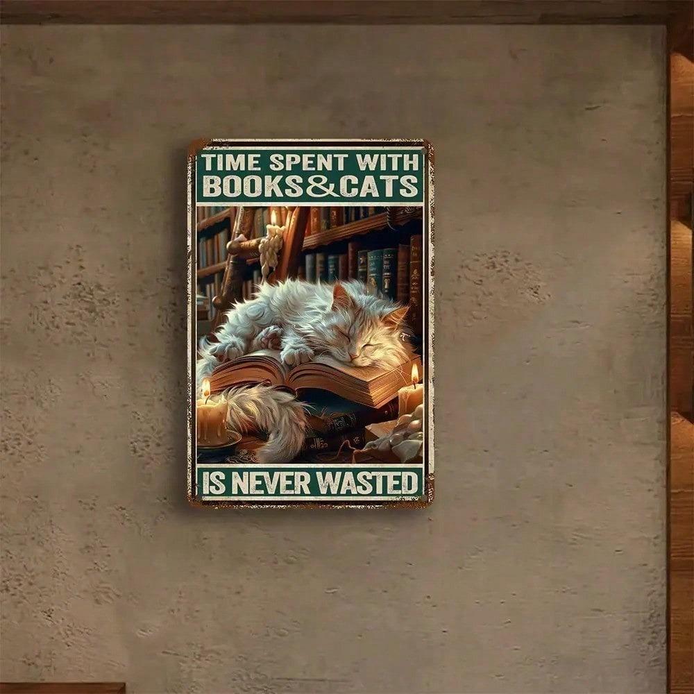Cocofun Vintage Metal Wall Art Sign for Book & Cat Lovers, Heavy-Duty Inspirational Quote Poster