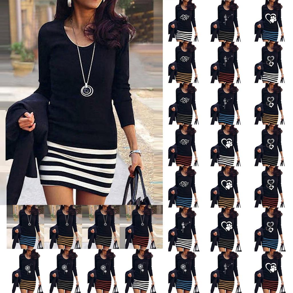 Damenmode Neues Rundhals-Langarmkleid Gestreiftes Freizeitkleid