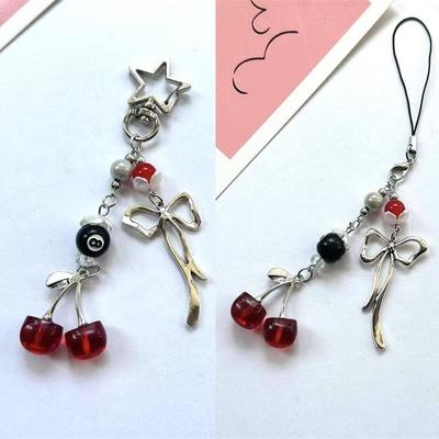 Cute Sweet Cherry Bow Mobile Phone Chain Lanyard Keyring Keychain Pendant Star Buckle Backpack Charm Bag Hang Ornament Girl Gift