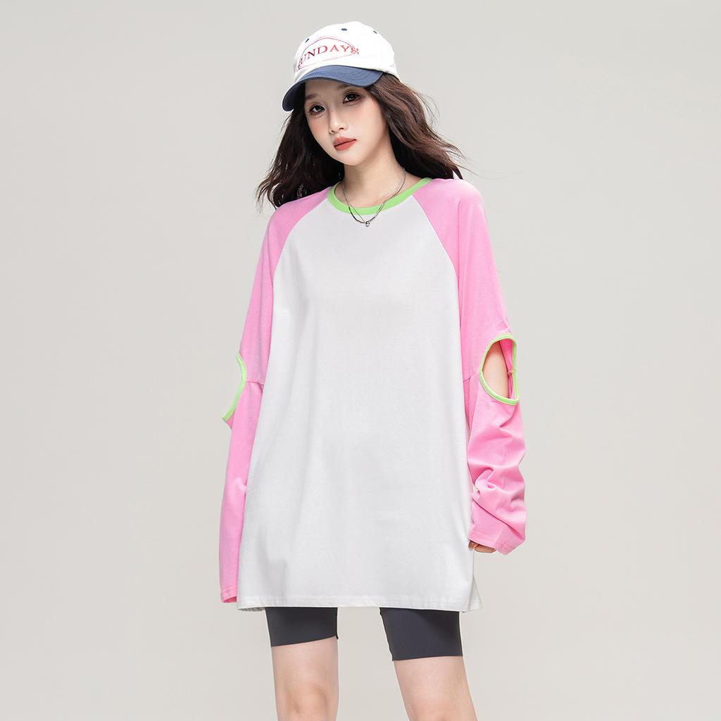 Hollow out design: Spring and Autumn fashion raglan sleeves contrasting color round neck T-shirt cool and cool casual loose top