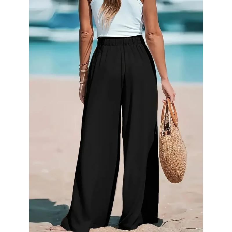Vacation Style Cotton Linen Wide Leg Pants Women's High Waist Elasto Drawstring Design Loose Dipping Sense Straight Casual Beach