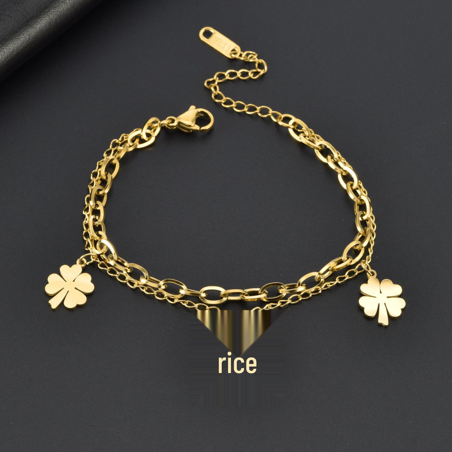 Double-Layer Four-Leaf Clover Heart Bracelet: Trendy Titanium Steel Hand Jewelry for Women