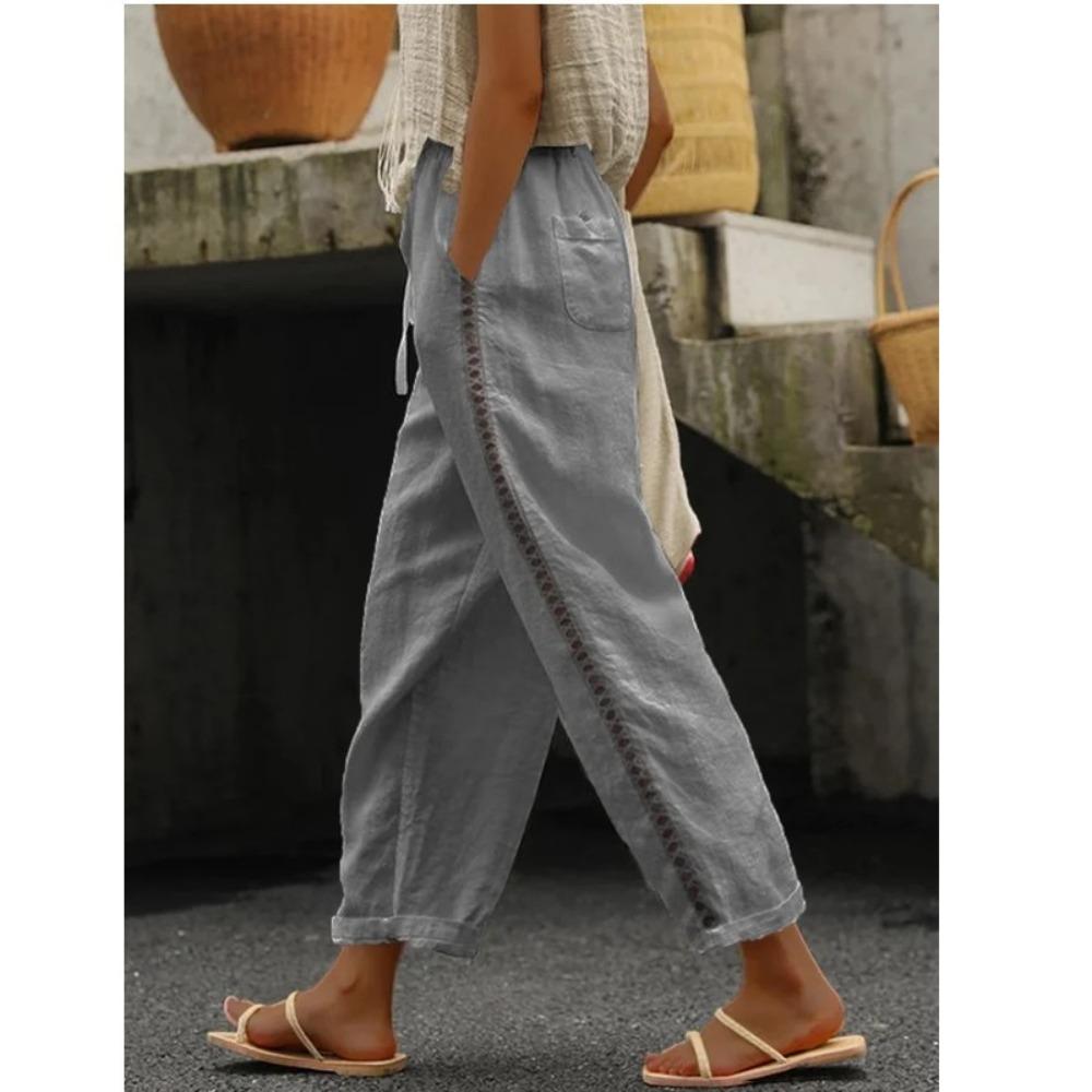 Spring and Summer New Casual Lace Hollow Splicing Cropped Pants for Women S серый