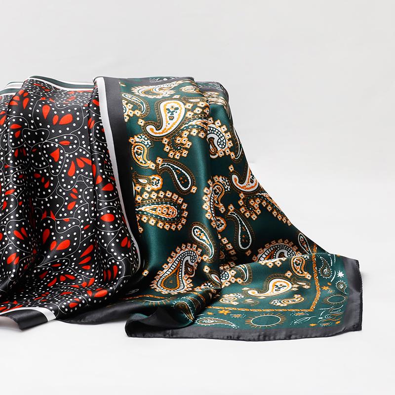 Handkerchiefs Hair Silk Scarf 90*90Cm Print Satin Big Square Silk Scarves Shawls For Women Designer Hijab Headband