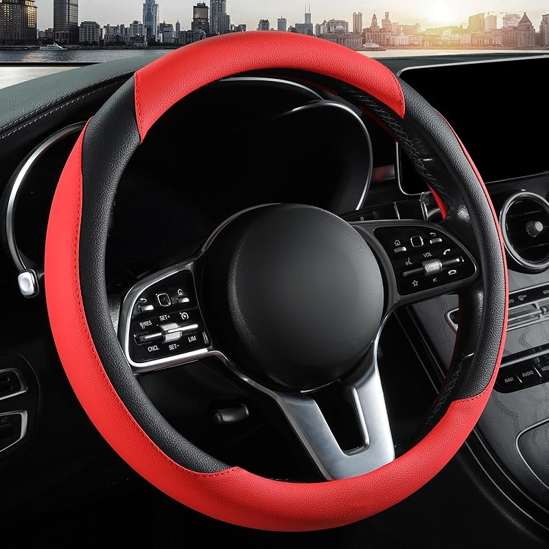 Car Steering Wheel Cover, Microfiber Leather Steering Wheel Cover Red,Universal 15 Inch Anti-Slip Comfortable Steering Wheel Covers Men Women