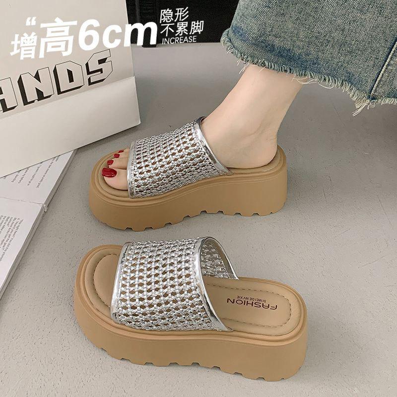Thick Bottom Heightened Slope Heel Birkencool Slippers Women's Summer Wear 2025 New Model with Skirt Mesh Hollow One-word Drag