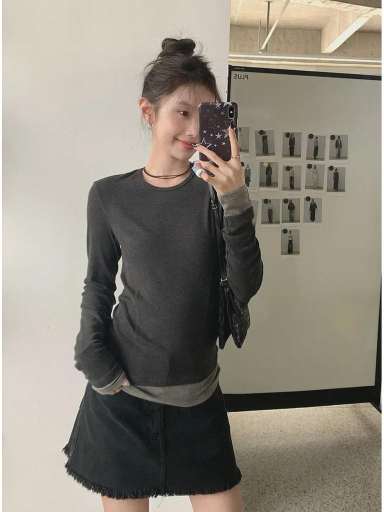 Nan Tao Women's Fake Two-Piece Slim Fit Long-Sleeve Top - Spring 2025 Korean Style Round Neck Shirt