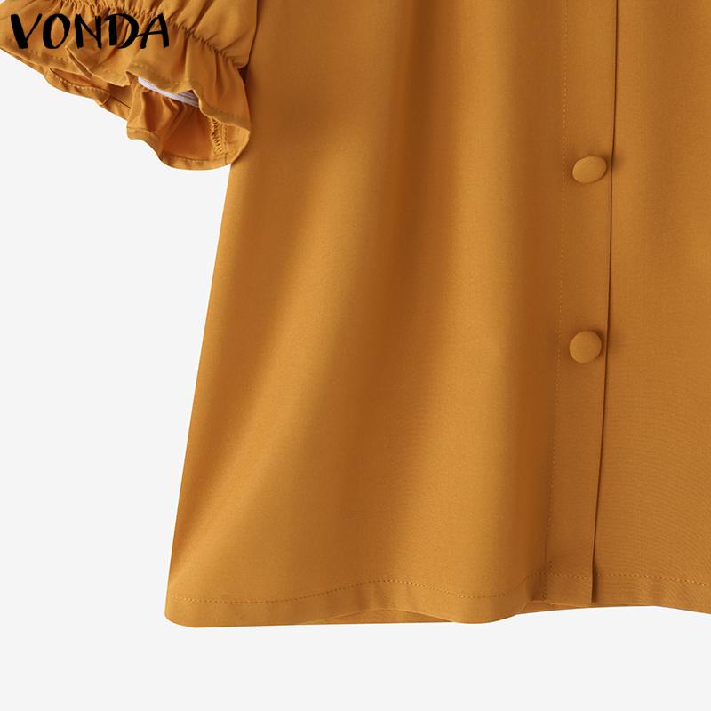 VONDA Women Summer Ruffled Neck Puff Sleeve Solid Color Casual Cropped Blouse