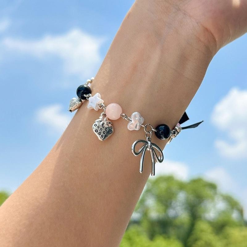Faux Pearls Beaded Bracelet with Bowknot Pendant Butterfly Knot Charm Wristchain Adjustable Length Handchain Ornament