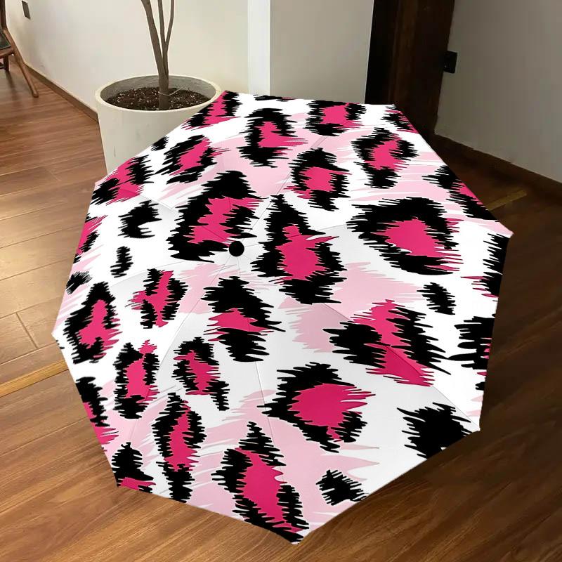 1PC Leopard Print Pink Umbrella-8-Rib Reinforced, Automatic Open, Lightweight & Durable, Cute Fashion Accessory for Outdoor-A1310