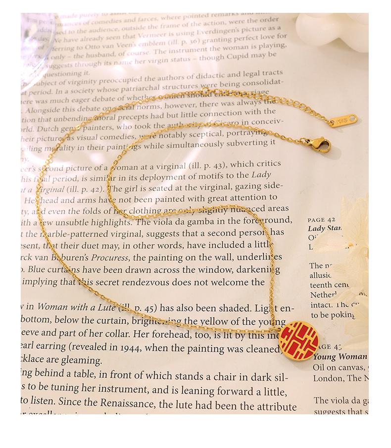 Ethnic Double Happiness Pendant Necklace, 18K Gold Plated Titanium Steel Clavicle Chain