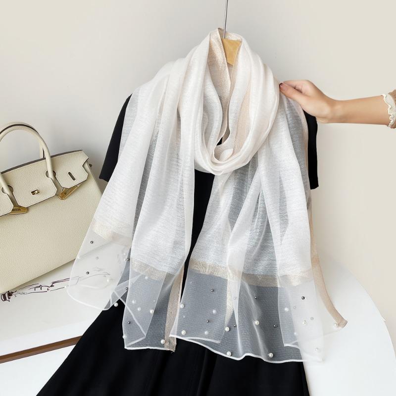 Spring new solid color pearl silk scarf women's imitation silk light large shawl long scarf scarf