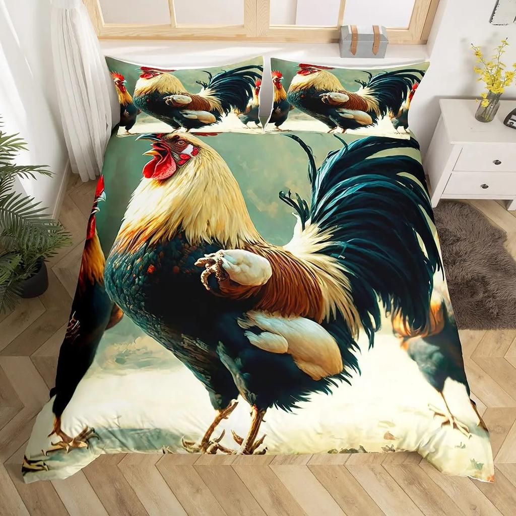 Cute Chicken Duvet Cover King Queen Colorful Rooster Bedding Collection Farm Animal Comforter Cover Funny Rustic Farmhouse Quilt Cover